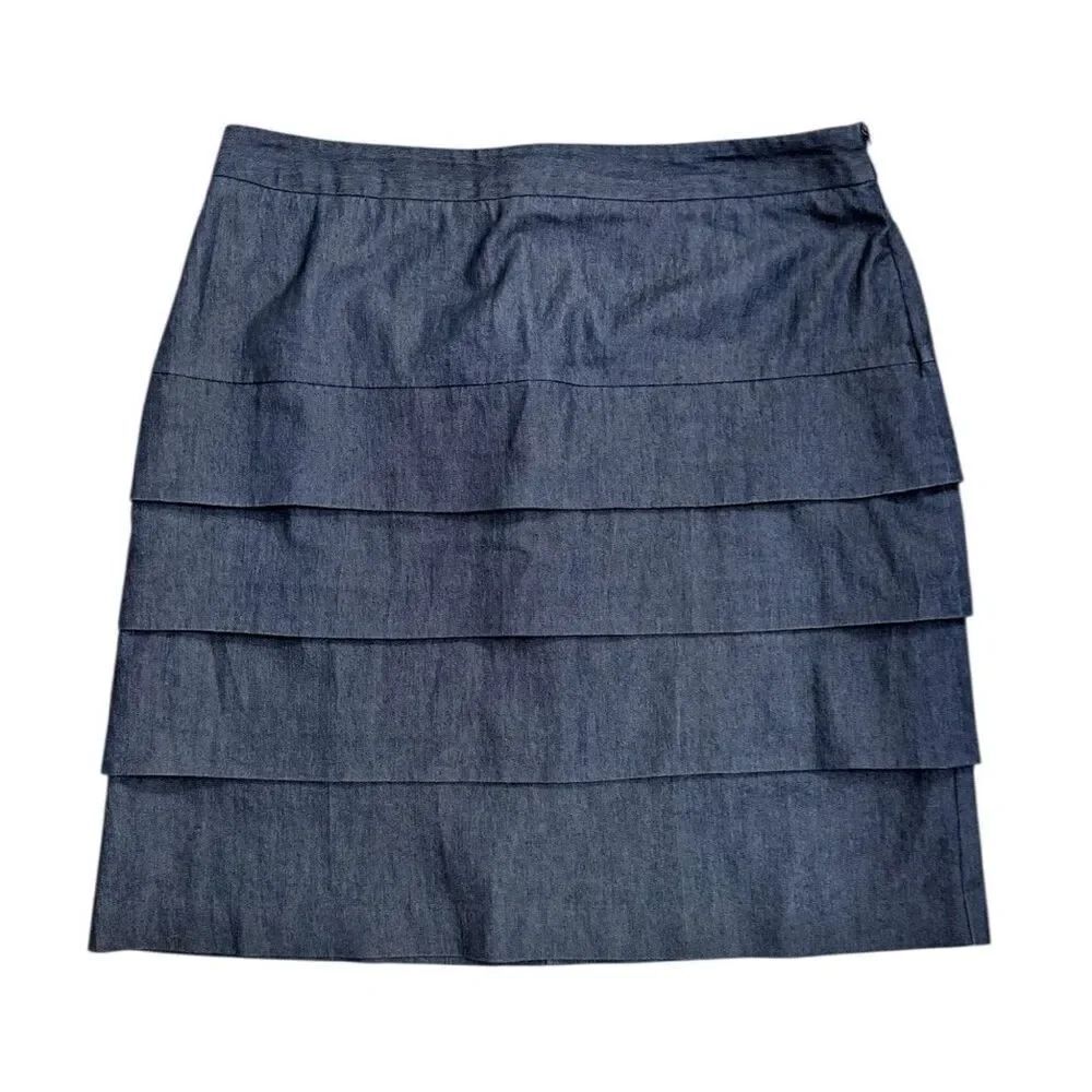 Larry Levine Stretch Blue Denim Cambray Tiered Skirt Size 14